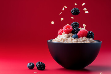 Creamy oatmeal topped with fresh raspberries, blackberries, and blueberries, garnished with a sprinkle of oats, contrasts beautifully against a vibrant red background.