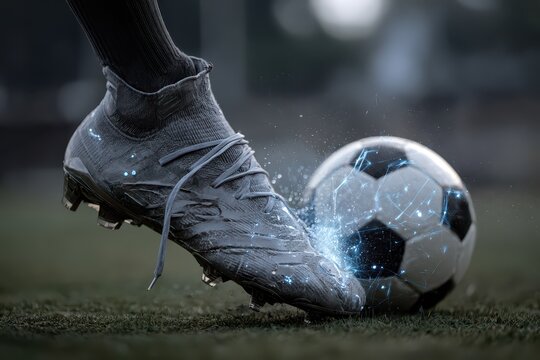 Side view of a football boot making contact with a soccer ball on a grassy field during an afternoon practice session
