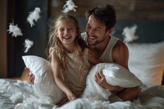 Happy father and daughter enjoy pillow fight at home in cozy bedroom during sunny afternoon, creating joyful memories filled with laughter and fun moments together - Powered by Adobe