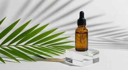 Fototapeta premium Amber dropper bottle with green leaf and shadow on white background