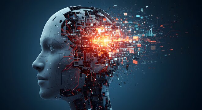 Abstract digital art of a humanoid head exploding with data