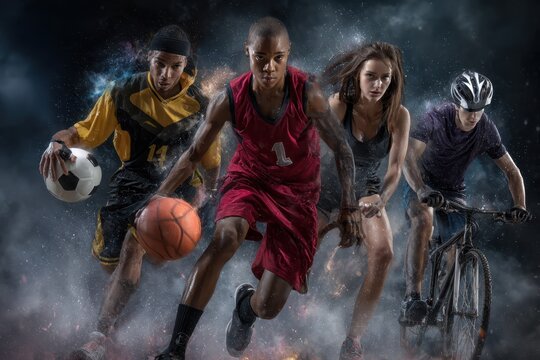Collage of youth athletes engaged in diverse sports activities including basketball, soccer, tennis, and cycling during a dynamic action-filled moment - Powered by Adobe