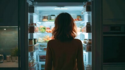 Woman stares into a well-stocked refrigerator in a dark kitchen at night. Use it to illustrate late-night cravings or food waste concept.