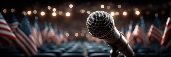 Microphone positioned in front of empty rows of seats with American flags during a political event in the evening