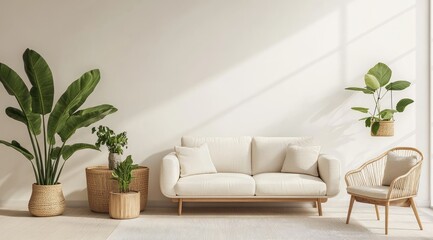 Light-filled living room with plants and wicker accents
