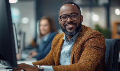 Inclusive image of a happy disabled Black man in a wheelchair sitting at an office desk, working on a computer and collaborating with a diverse team colleagues. scene emphasizes DEIB, Generative AI