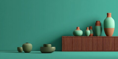 Decorative pottery on a teal wall and wooden cabinet.