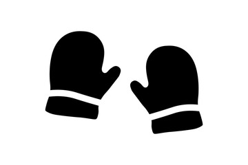 The image shows a simple black silhouette of a pair of winter mittens. The mittens have a classic rounded shape with a separate thumb area and a thick cuff at the bottom.