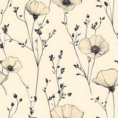 A beautiful seamless pattern of delicate poppy flowers and sprigs are artistically arranged on soft background.