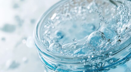 Clear liquid splashing into a glass jar