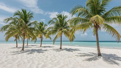 Tranquil coastal scene with palm trees and pristine white sands under a clear blue sky