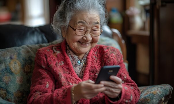 senior Asian woman smiling and looking at her smartphone at home, highlighting digital literacy among elderly individuals and their ability to navigate modern technology, Generative AI