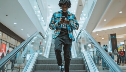 A person uses a moving stairway. AI.