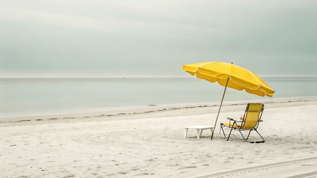 Solitary yellow umbrella and beach chair on a serene white sand beach under an overcast sky - Powered by Adobe