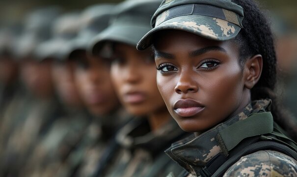 group of Black female army soldiers on the frontline, preparing for war, depicting strength, unity, and dedication of women in military service, Generative AI