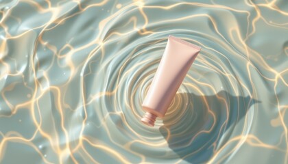 Floating aesthetic cosmetic tube mockup in water product photography calm environment top-down view