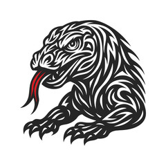 Tribal Komodo Dragon Illustration with Fierce Expression and Red Forked Tongue
