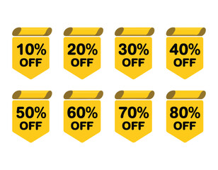 Discount Sales Promotion with Yellow Ribbon Tags Showing Various Percentages Off Offers Great Deals and Savings for Customers