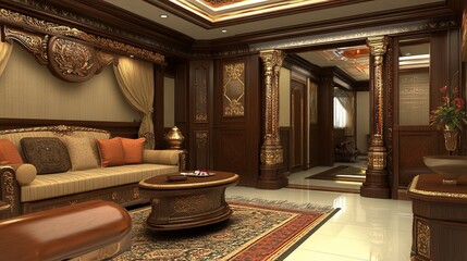 Luxurious interior with ornate wood detailing, featuring a sofa, rug, and decorative elements. Rich colors and elegant design
