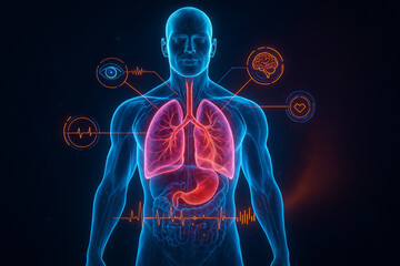 AI generated ultra realistic holographic anatomy of respiratory and circulatory systems showing digital diagnostics with neon blue and pink glow in futuristic medical environment