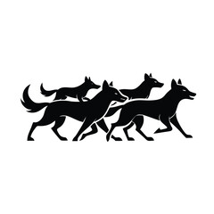 Dynamic illustration of a pack of wild dogs in pursuit of their prey against a clean white background