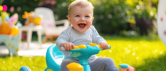Happy baby riding a tricycle. AI.