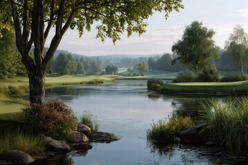 Scenic view of a tranquil lake surrounded by lush greenery and a golf course, providing a serene escape for hotel guests on a sunny day