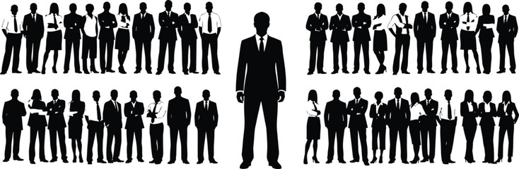 Business team silhouette illustration, corporate professionals group, leadership concept, teamwork, office staff, standing pose, black white vector design