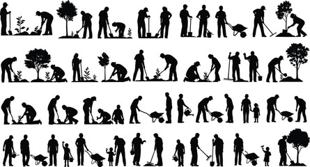 Silhouettes of people planting trees, gardening, family environment care, outdoor teamwork, eco-friendly lifestyle, nature conservation, community volunteer planting concept