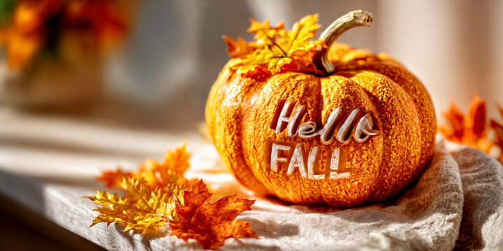 Hello Fall Pumpkin with Autumn Leaves: Cozy Seasonal Decoration for Harvest and Thanksgiving