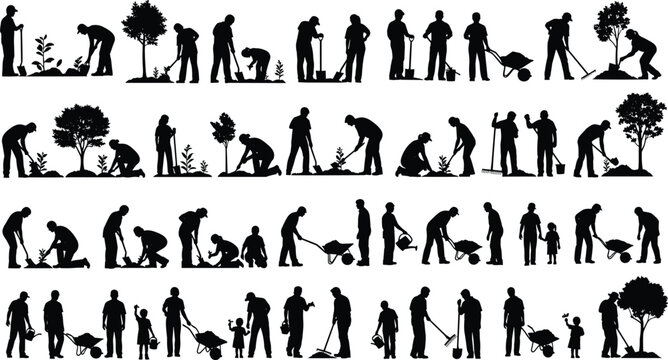 Silhouettes of people planting trees, gardening, family environment care, outdoor teamwork, eco-friendly lifestyle, nature conservation, community volunteer planting concept - Powered by Adobe