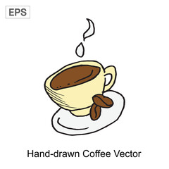 Hand-drawn Coffee Cup with Steam and Beans