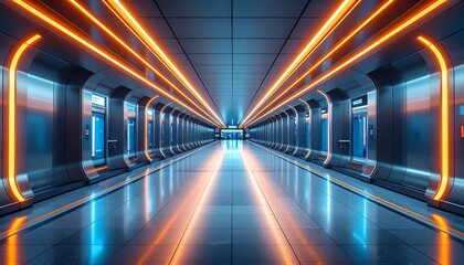 Fototapeta premium Futuristic Tunnel with Neon Orange Lighting with Modern Design, and SciFi Interior.