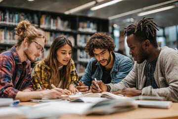 Students collaborate on a group project in a library, engaged in studying and sharing ideas in a diverse learning environment
