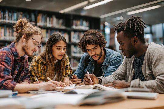 Students collaborate on a group project in a library, engaged in studying and sharing ideas in a diverse learning environment
