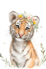A charming baby tiger adorned with a floral crown captivates with its playful expression, showcasing delightful watercolor artistry perfect for nursery decor.