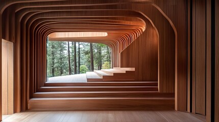 Wooden interior with curved walls, staircase, and expansive window view of a forest. Natural light floods space