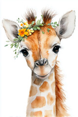 A charming baby giraffe adorned with a floral crown smiles engagingly, showcasing soft watercolor art and a playful spirit, perfect for children's decor.