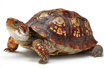 Obraz premium Common box turtle resting on a white background showcasing its vibrant shell and unique features during daylight hours