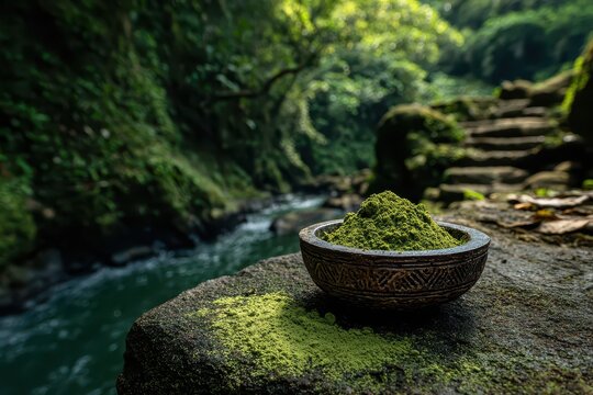 Green powder in a wooden bowl is set on a stone by a flowing river. It's great for wellness, nature, food, and environmentally conscious themes.