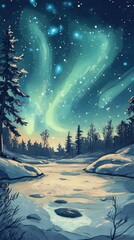 Naklejka premium Magical winter aurora borealis over frozen river