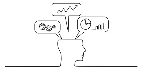 A continuous line drawing of a human head with business graphics and gears. The concept of someone who is smart in business. Creative and brilliant ideas foster positive thinking.