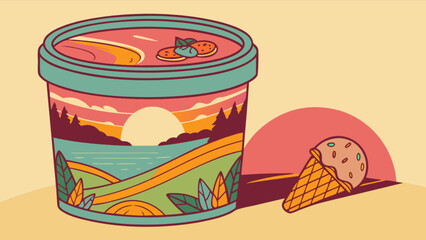 Buy ice cream pint with landscape design and ice cream cone for summer treat vector illustration