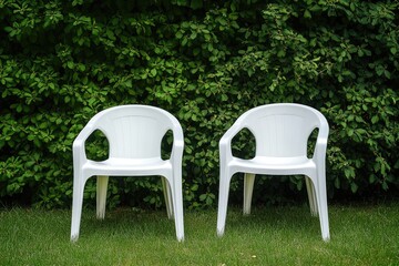 Two white plastic chairs on green grass, backdrop of green bushes
