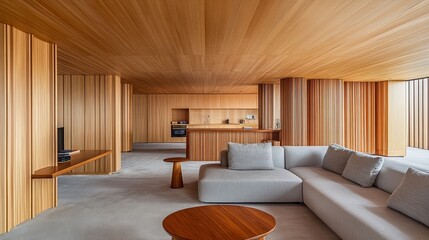 Fototapeta premium A modern interior featuring warm wood paneling, neutral furniture, and an open floor plan, showcasing natural light