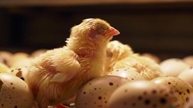 A newly hatched yellow chick stands among cracked eggshells, emerging from its shell, symbolizing new life and beginnings.
