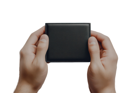 Hands holding a textured black wallet isolated on transparent background. Empty black wallet in male hands isolated on white background.
