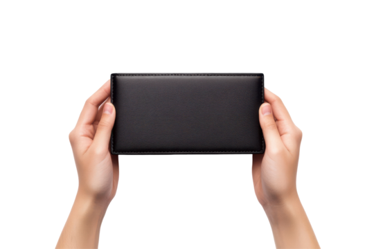 Hands holding a textured black wallet isolated on transparent background. Empty black wallet in male hands isolated on white background. - Powered by Adobe