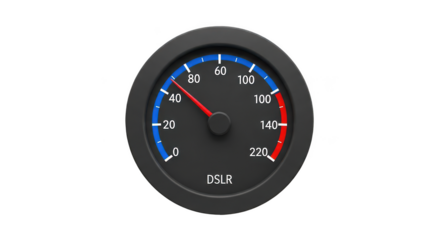 Close up of a vintage car dashboard speedometer gauge with a red needle indicating speed on a black dial isolated on transparent background