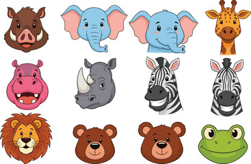 Cartoon animal faces grid, colorful cute wildlife characters including elephant, lion, giraffe, bear, frog, perfect for kids design